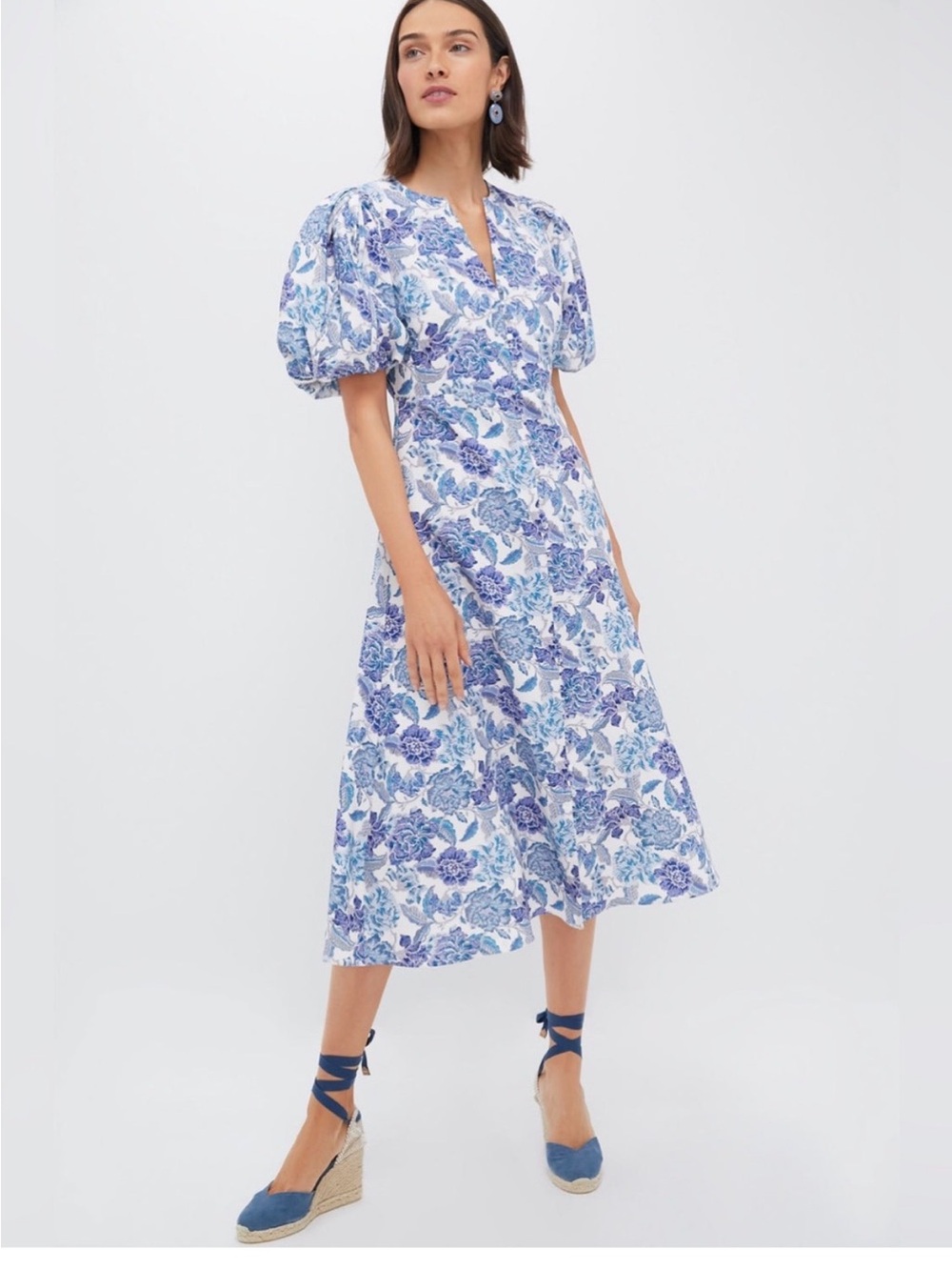 Tuckernuck Floral Puff-Sleeve Brody Midi Dress in Blue and White XXS NWT